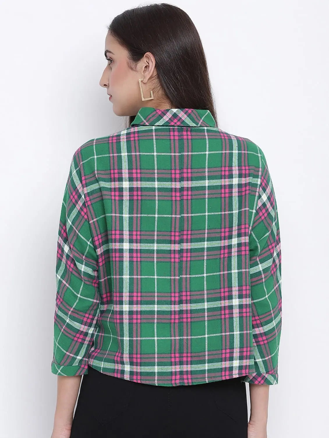 Winzzy Green Brush Check Women Shirt-- Graphic T-Shirt Round Neck Polyester