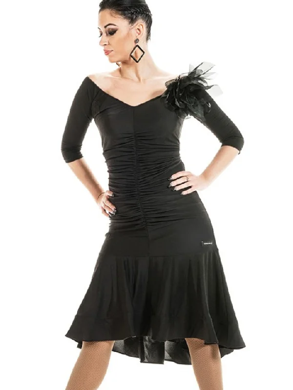 Victoria Blitz LA019 Black V-Neck Latin Practice Dress with Rouching, Half Sleeves, and Mesh Decoration PRA 995 in Stock Tunics Running lightweight Victoria Blitz LA019 Black V-Neck Latin Practice Dress with Rouching, Half Sleeves, and Mesh Decoration PRA 995 in Stock Tunics Running lightweight