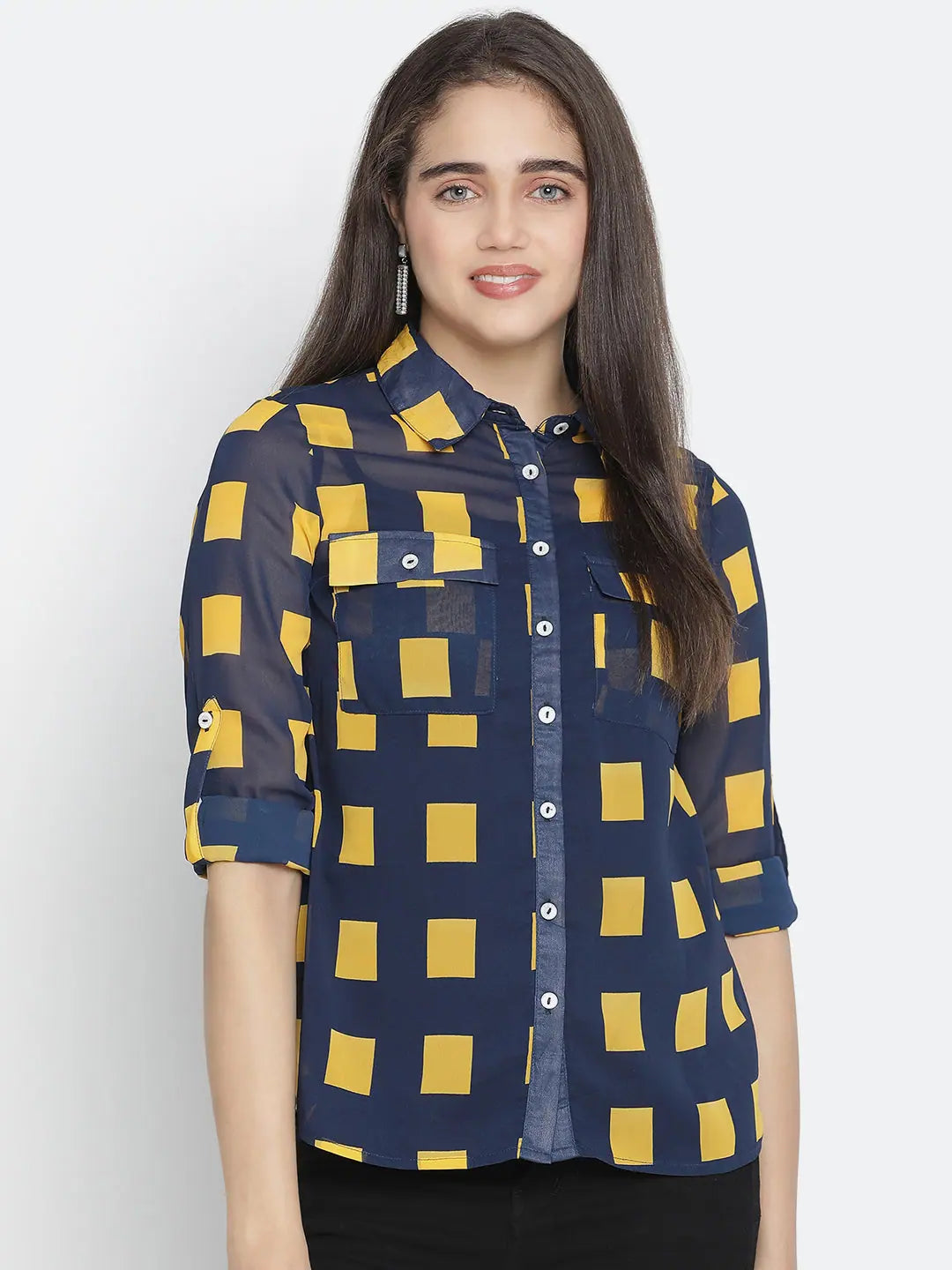 Meraki check print smart women Shirt-- Spandex Blend Rayon Blend Denim Blend