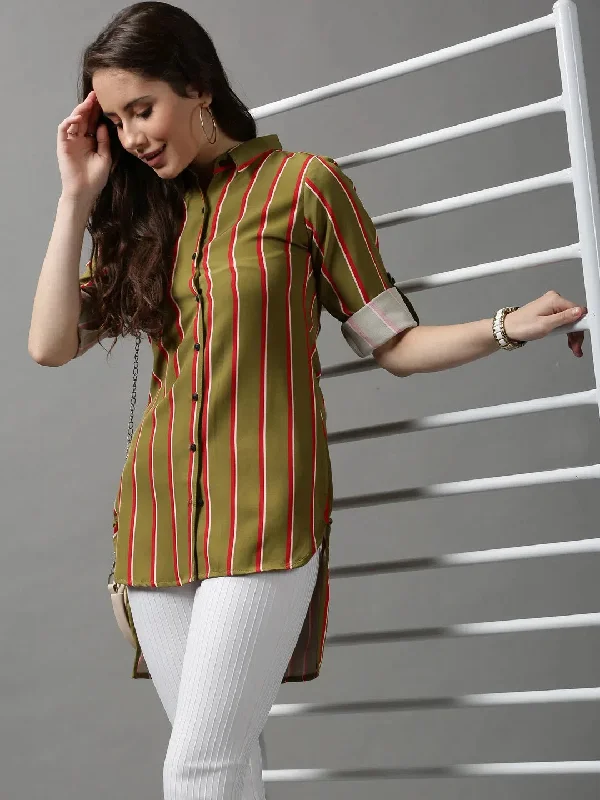 Women's Green Striped Longline Shirt-AE-10420-Olive-- Houndstooth Herringbone Solid