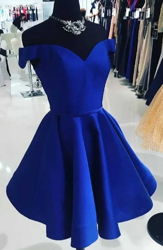 Royal Blue Off The Shoulder V Neck A Line Satin Pleated Short Homecoming Dresses Tunics Bridal satin