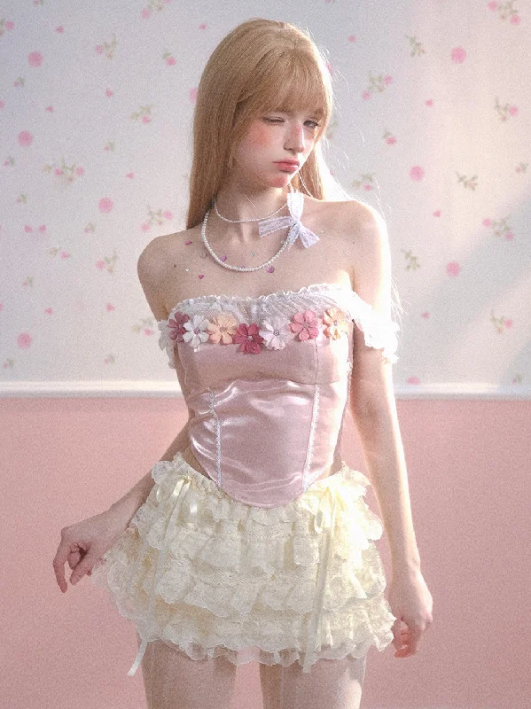 Flower One shoulder Pink Shirt/Skirt DIA0133-- Chenille Blend Fleece Blend Nylon Blend