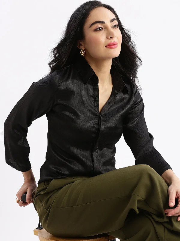 Women Solid Black Slim Fit Shirt-AE-333833-Black-- Front Pockets Side Pockets Patch Pockets Women Solid Black Slim Fit Shirt-AE-333833-Black-- Front Pockets Side Pockets Patch Pockets