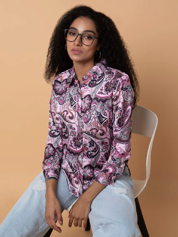 Women Ethnic Motifs Pink Slim Fit Shirt-AE-3363-Pink-- Plaid T-Shirt Polka Dot Checkered