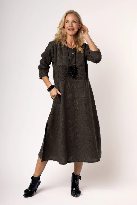 Minnie Linen Blend Dress in Khaki - Faulty Tunics Leisure comfortable
