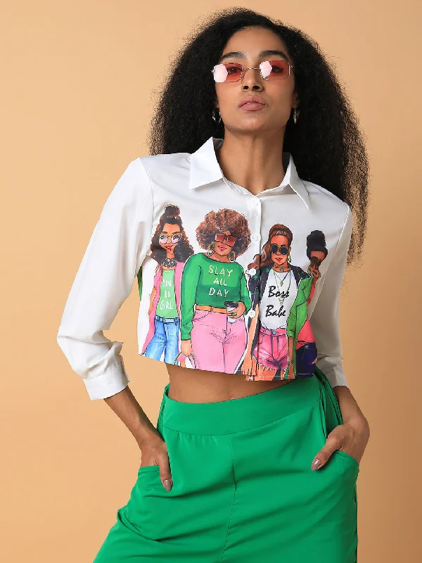 Women Graphic Print White Shirt-CHN-110-White-- Print Jacquard Patchwork