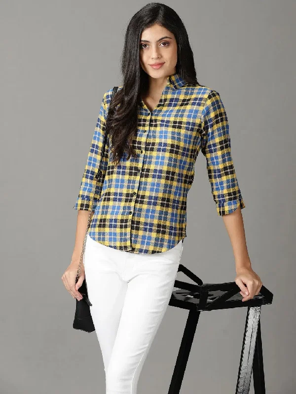 Women's Yellow Checked Shirt-AE-3139-Yellow-- Striped Floral Plaid