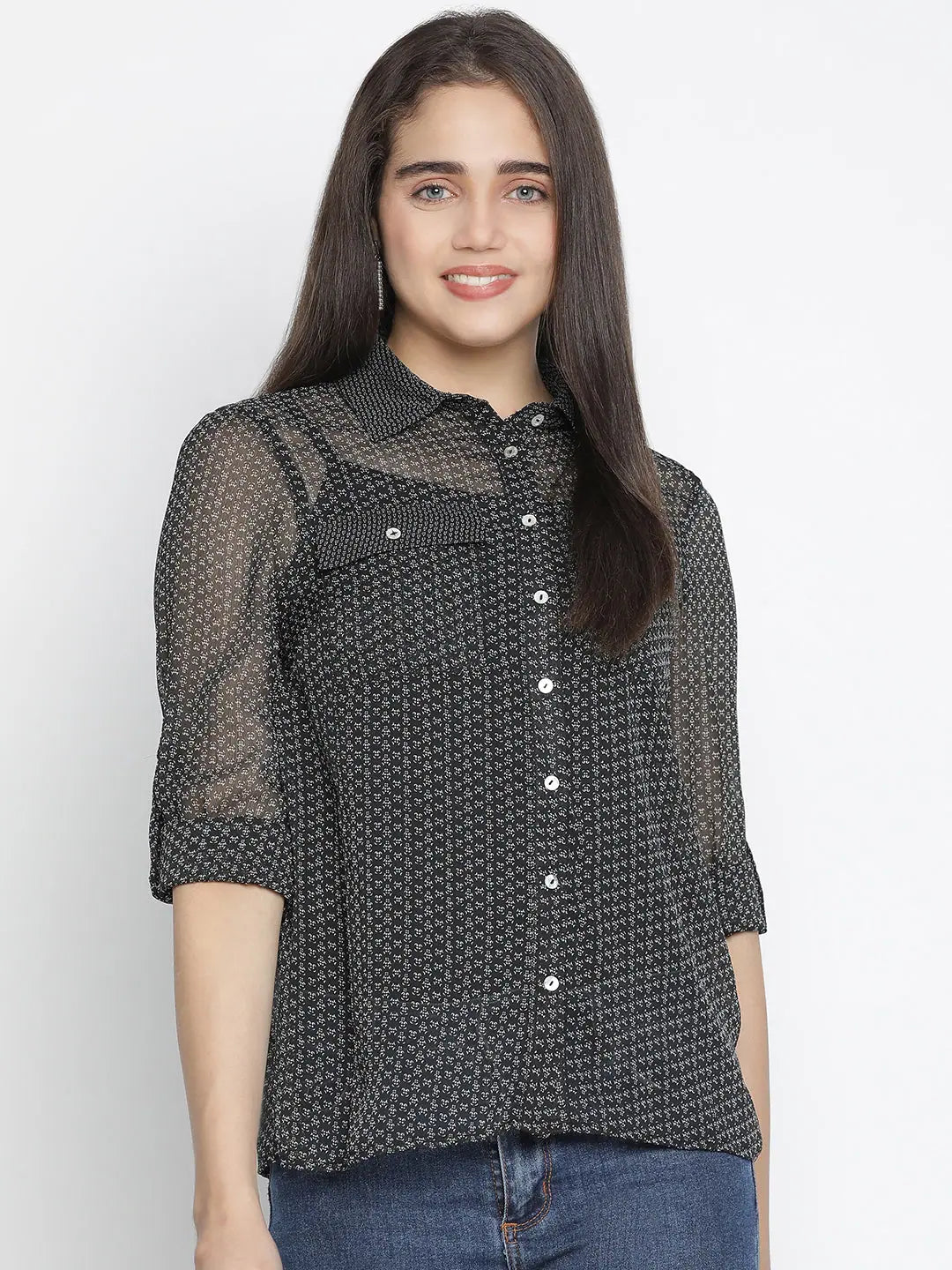 Reveire black modiBL women Shirt-- Mesh Blend Leather Blend Suede Blend