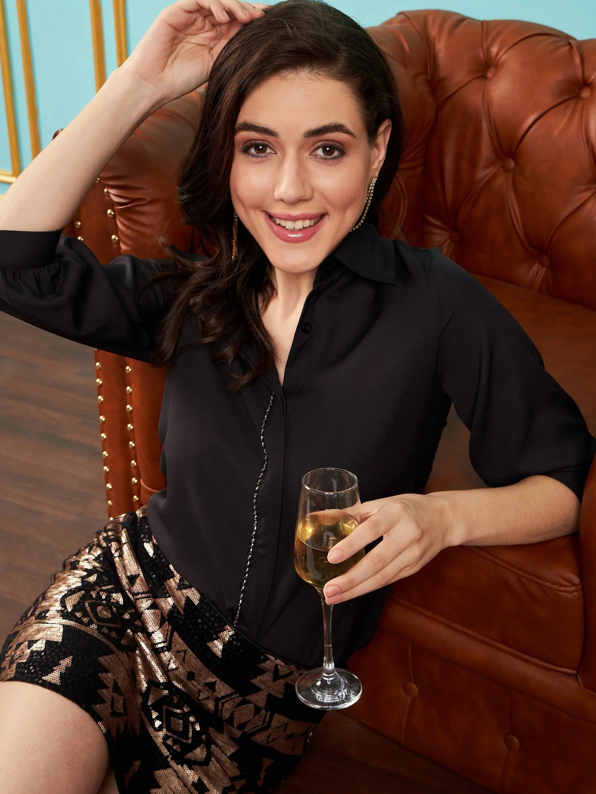 Women Black Embroidered Placket Shirt-- Wool Fabric Cashmere Fabric Tweed Fabric