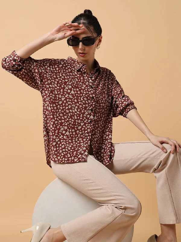 Women Floral Brown Slim Fit Shirt-AE-3199-Brown-- Polka Dot Checkered Tartan