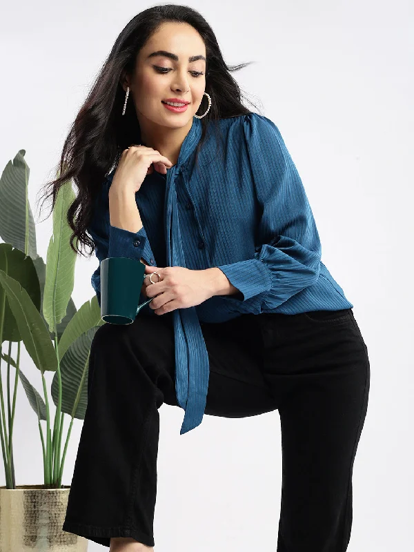 Women Striped Mandarin Collar Teal Shirt-6613-Teal-- Chenille Fabric Brocade Fabric Lace Fabric Women Striped Mandarin Collar Teal Shirt-6613-Teal-- Chenille Fabric Brocade Fabric Lace Fabric