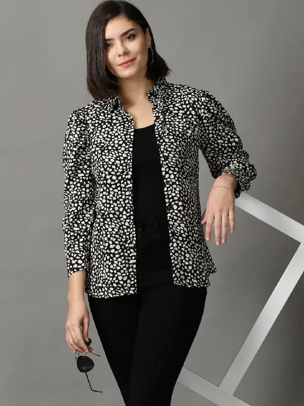Women's Black Printed Shirt-AE-10363-Black-- Collared Crew Neck Turtle Neck