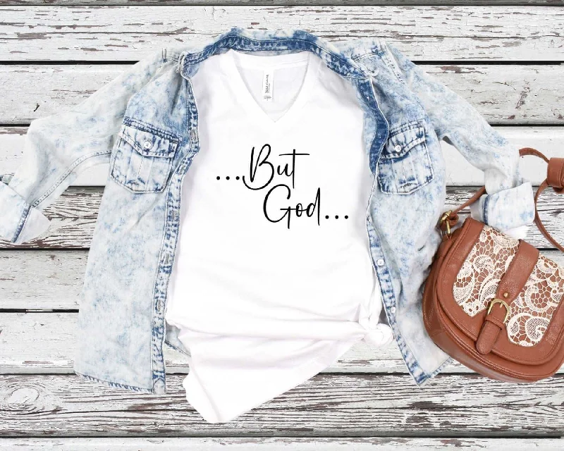 But God Ladies V-Neck T-Shirt-- Mesh Canvas Denim