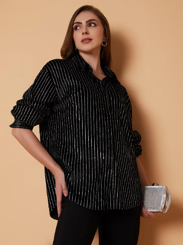 Women Striped Black Oversized Shirt-8801-Black-- Modern Contemporary Chic