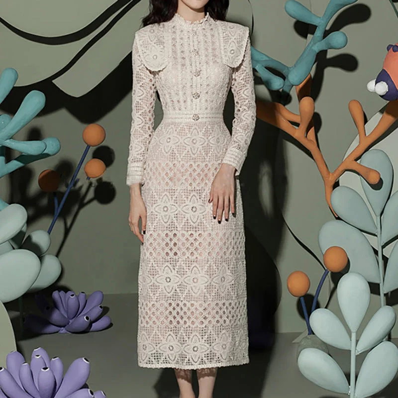 2023 New Spring New Trendy Women Clothes Long Sleeve Tight Waist Elegant Lace Dresses Hollow Out Long Dress Tunics Versatile functional 2023 New Spring New Trendy Women Clothes Long Sleeve Tight Waist Elegant Lace Dresses Hollow Out Long Dress Tunics Versatile functional