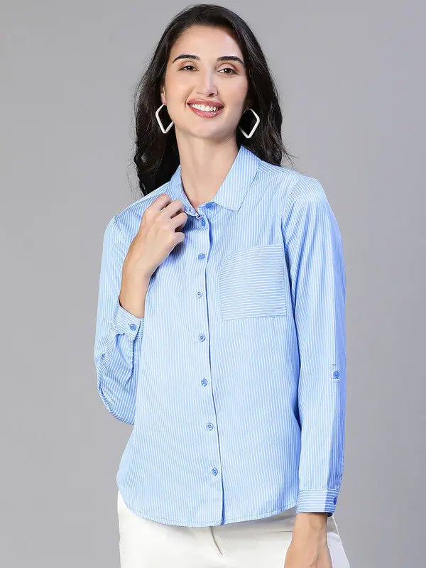 Women Stripe Print Blue Collared Cotton Shirt-W23106WSH005_S-- Cozy Warm Stylish