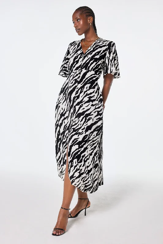Ivory with Black Shadow Tiger Angel Sleeve Midi Tea Dress Tunics Trendy modern