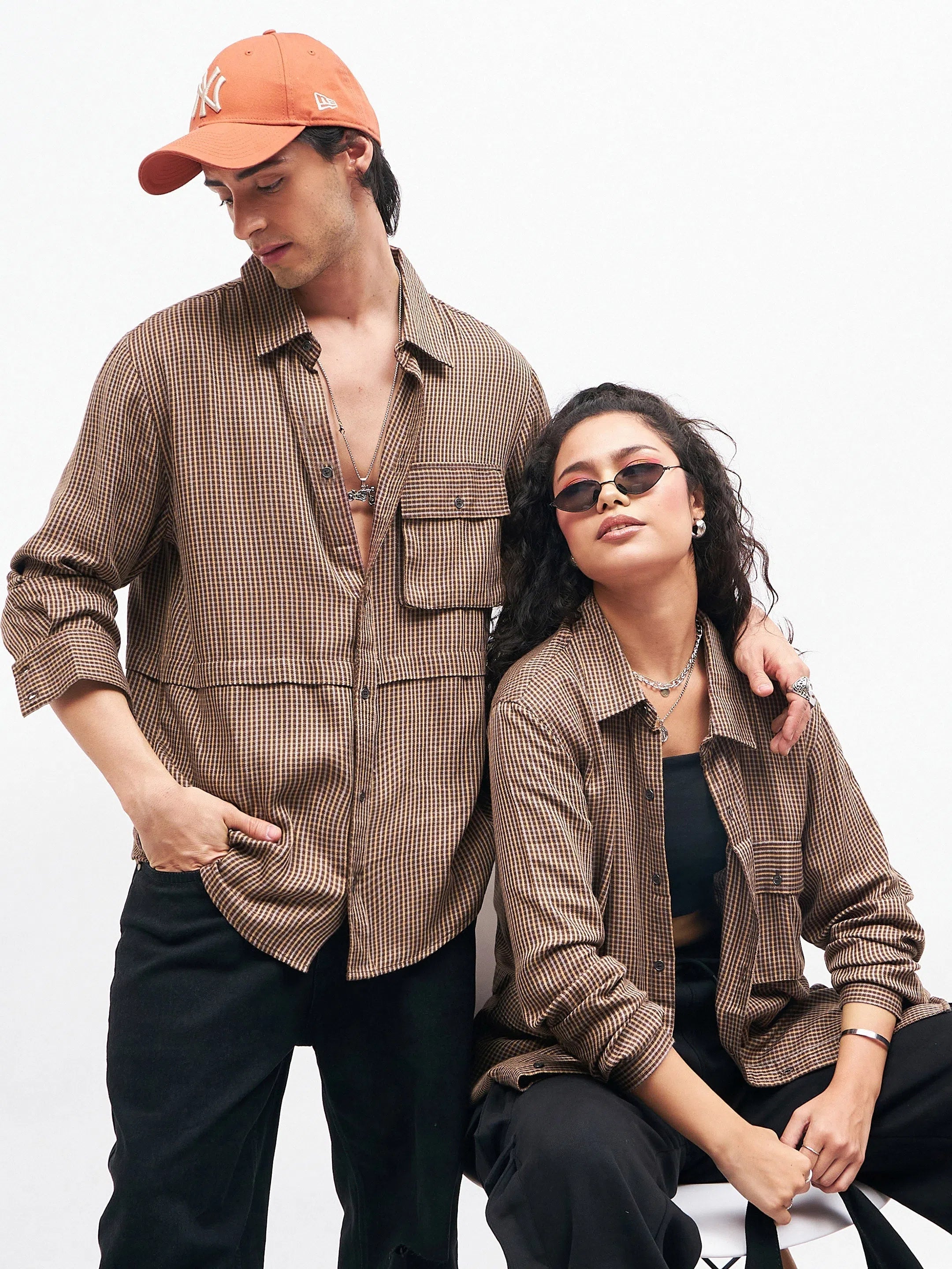 Unisex Brown Check Oversized Shirt-- Satin Fabric Silk Fabric Chiffon Fabric