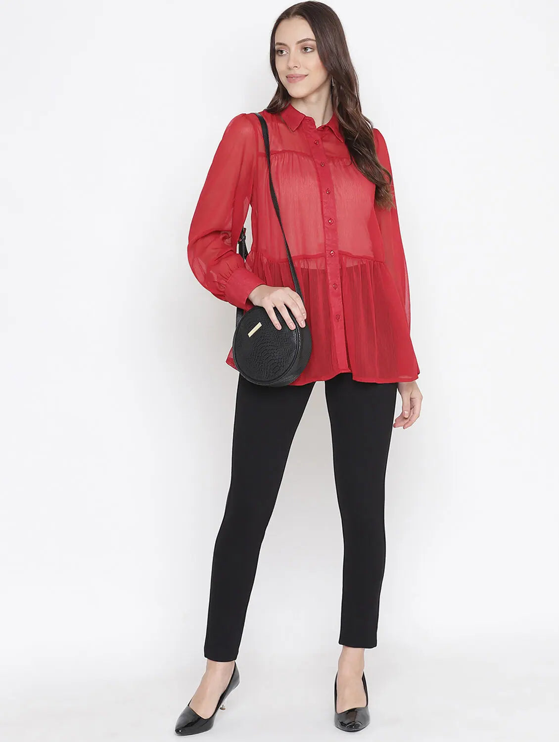 Sensational Red Color Women Shirt-- Zippered Buttoned Snapped