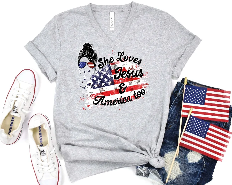 She Loves Jesus & America Too Ladies V-Neck T-Shirt-- Lace Blend Ribbed Blend Corduroy Blend