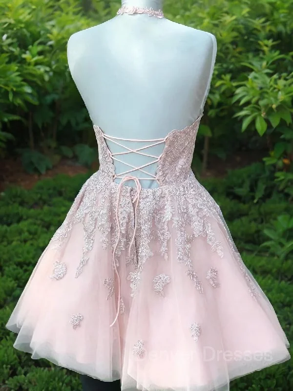 A-Line/Princess Halter Short/Mini Tulle Homecoming Dresses With Appliques Lace Square Neckline Feminine A-Line/Princess Halter Short/Mini Tulle Homecoming Dresses With Appliques Lace Square Neckline Feminine