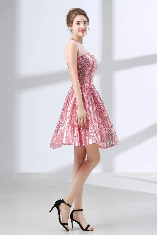 Pink A-Line Sequined Short Homecoming Dresses Tunics Lace romantic