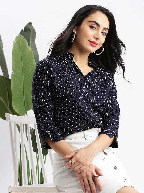 Women Micro Print Navy Blue Slim Fit Shirt-AE-3162-Navyblue-- Anti-Pilling Machine Wash Handmade Women Micro Print Navy Blue Slim Fit Shirt-AE-3162-Navyblue-- Anti-Pilling Machine Wash Handmade