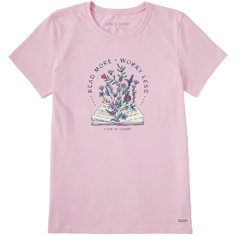 Life Is Good : Women's Read More Flower Book - Crusher T-Shirt-- Mesh Blend Leather Blend Suede Blend Life Is Good : Women's Read More Flower Book - Crusher T-Shirt-- Mesh Blend Leather Blend Suede Blend