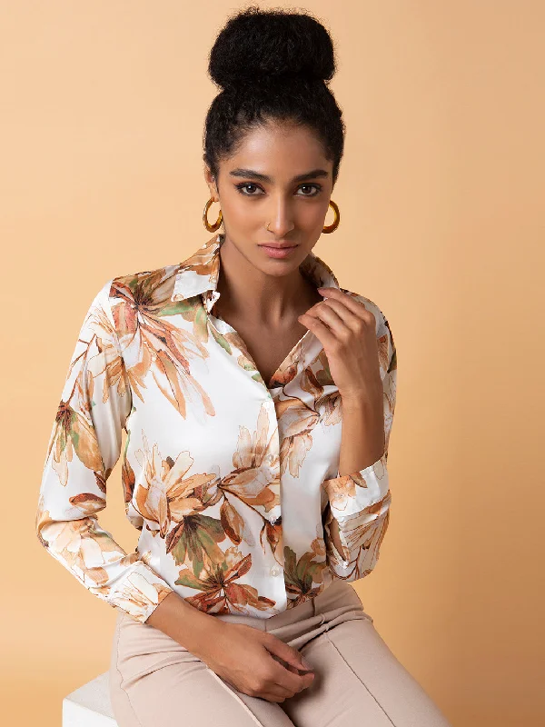Women Floral Cream Slim Fit Shirt-AE-3272-Cream-- Ribbed Striped Patterned