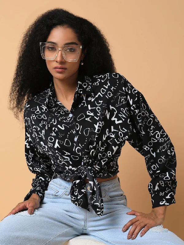 Women Graphic Print Black Oversized Shirt-CHN-2006C-Black-- Embroidered Appliqued Beaded Women Graphic Print Black Oversized Shirt-CHN-2006C-Black-- Embroidered Appliqued Beaded