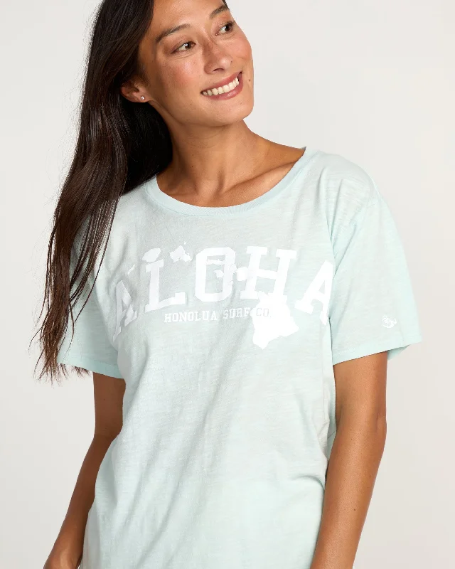 Womens Aloha State T-Shirt - Vista Blue-- Notch Collar Peter Pan Collar Cowl Neck