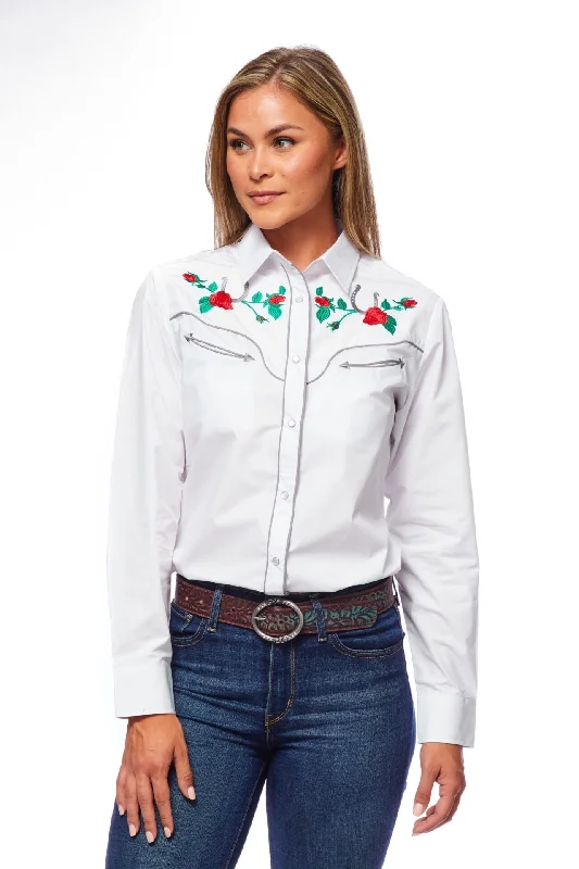 Women’s Western Embroidered Shirts-LS500-505-- Asymmetrical Pockets Print