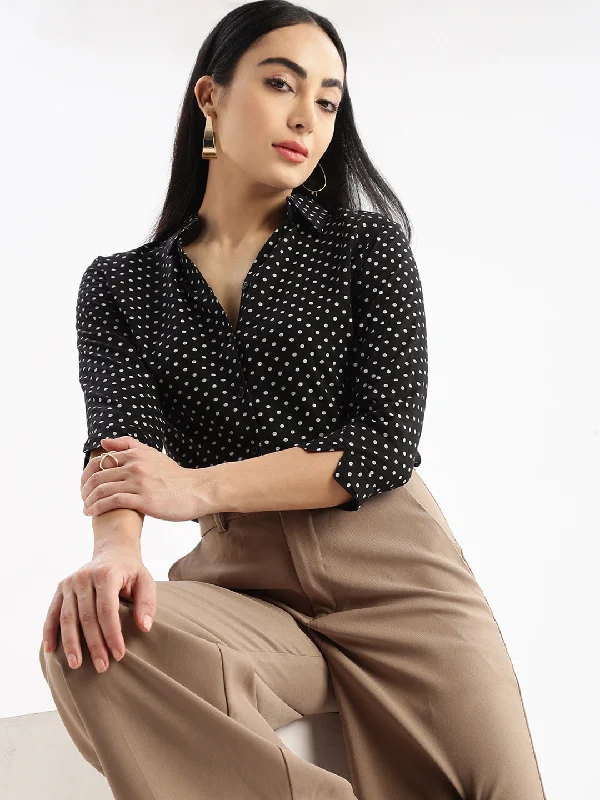 Women Polka Dots Black Slim Fit Shirt-AE-3161-Black-- Elegant Classic Vintage