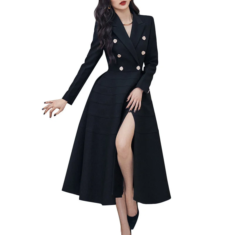 TWOTWINSTYLE High Quality Notched Collar Long Sleeve High Waist Solid Midi Women Elegant Long Dresses Tunics Party sparkling TWOTWINSTYLE High Quality Notched Collar Long Sleeve High Waist Solid Midi Women Elegant Long Dresses Tunics Party sparkling