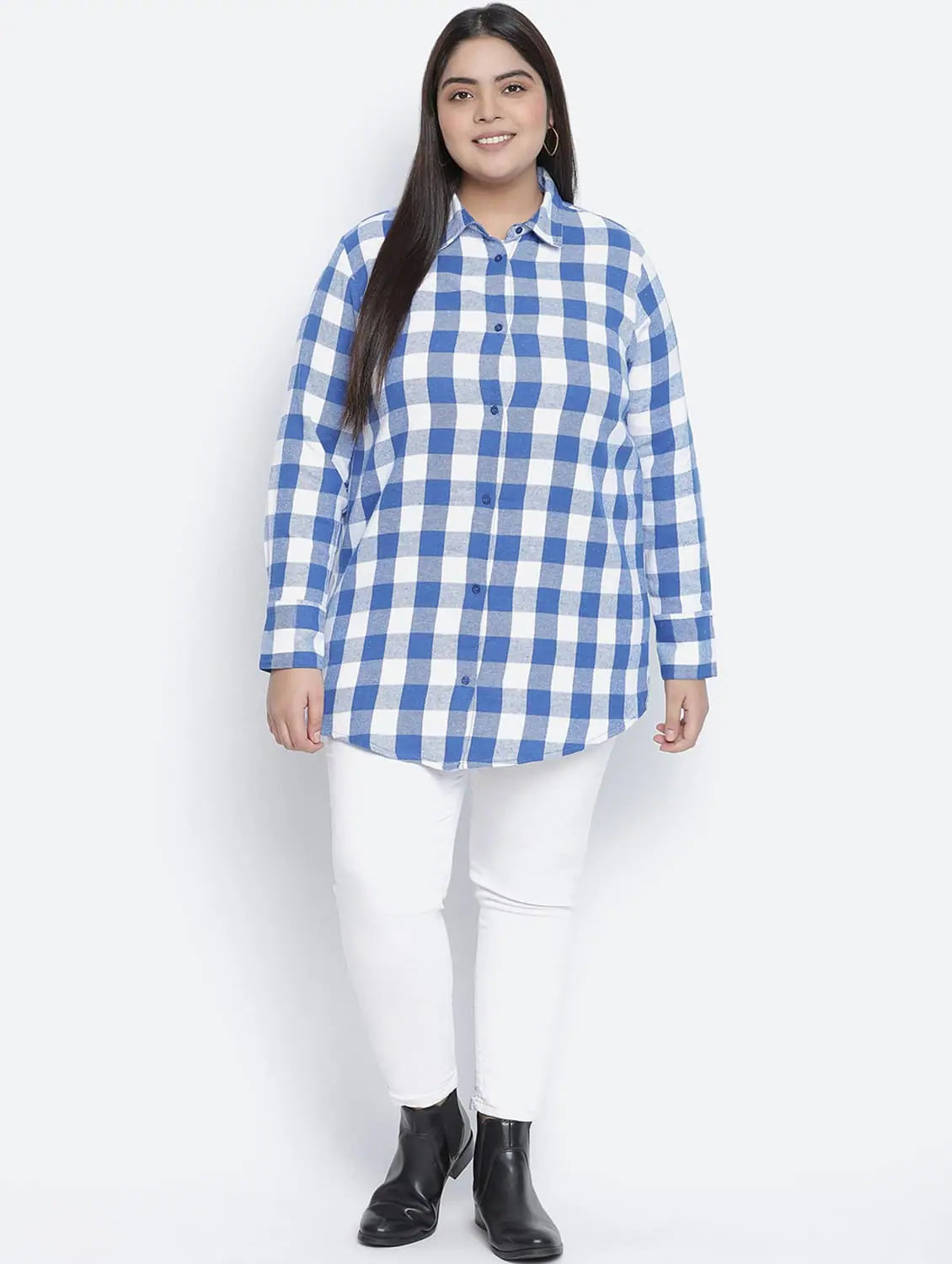 Minimalist Blue Brush Check Plus Size Women Shirt-- Notch Collar Peter Pan Collar Cowl Neck Minimalist Blue Brush Check Plus Size Women Shirt-- Notch Collar Peter Pan Collar Cowl Neck