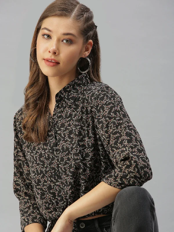 Women Collared Printed Black Shirts-AE-3330119-Black-- Rayon Velvet Corduroy