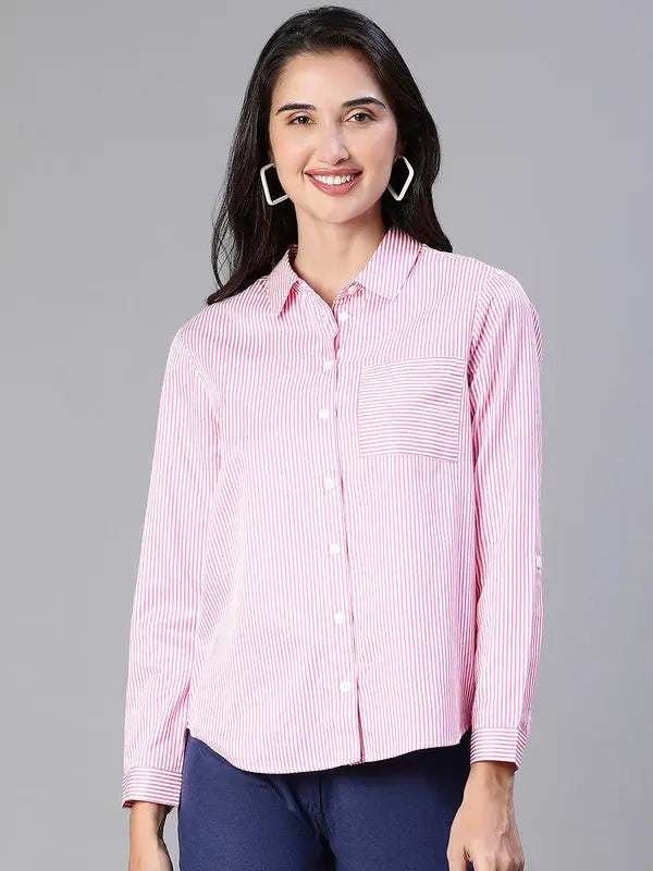 Women Stripe Print Soild Pink Collared Cotton Shirt-- Mesh Fabric Canvas Fabric Denim Fabric Women Stripe Print Soild Pink Collared Cotton Shirt-- Mesh Fabric Canvas Fabric Denim Fabric