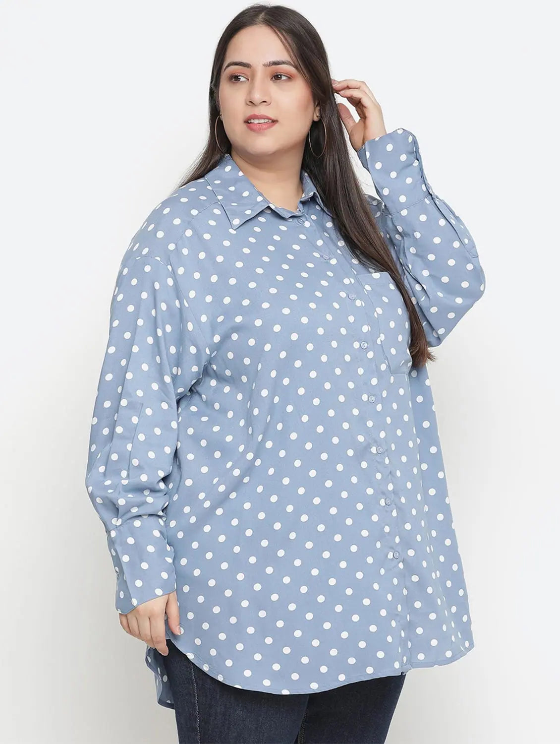 Fashable Polka Print Women Plus Size Shirt-- Lace Blend Ribbed Blend Corduroy Blend