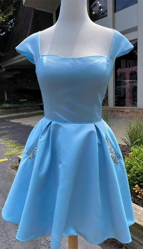 Cap Sleeves Light Blue Satin Short Homecoming Dress, With Beaded Bodice Tunics Practical easy-care