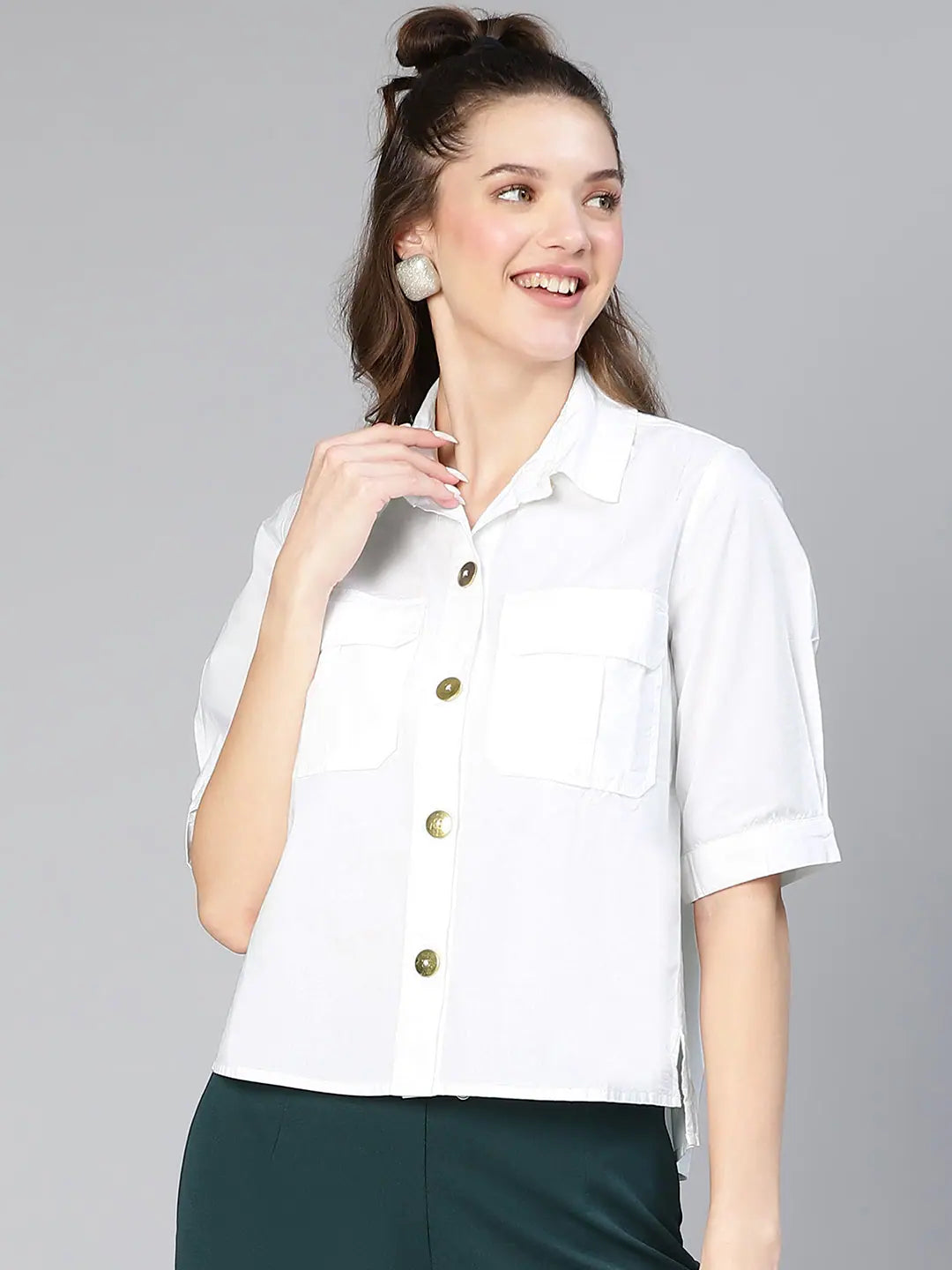 Choiced White With Chets Pocket Women Cotton Shirt-- Anti-Shrink Durable Soft