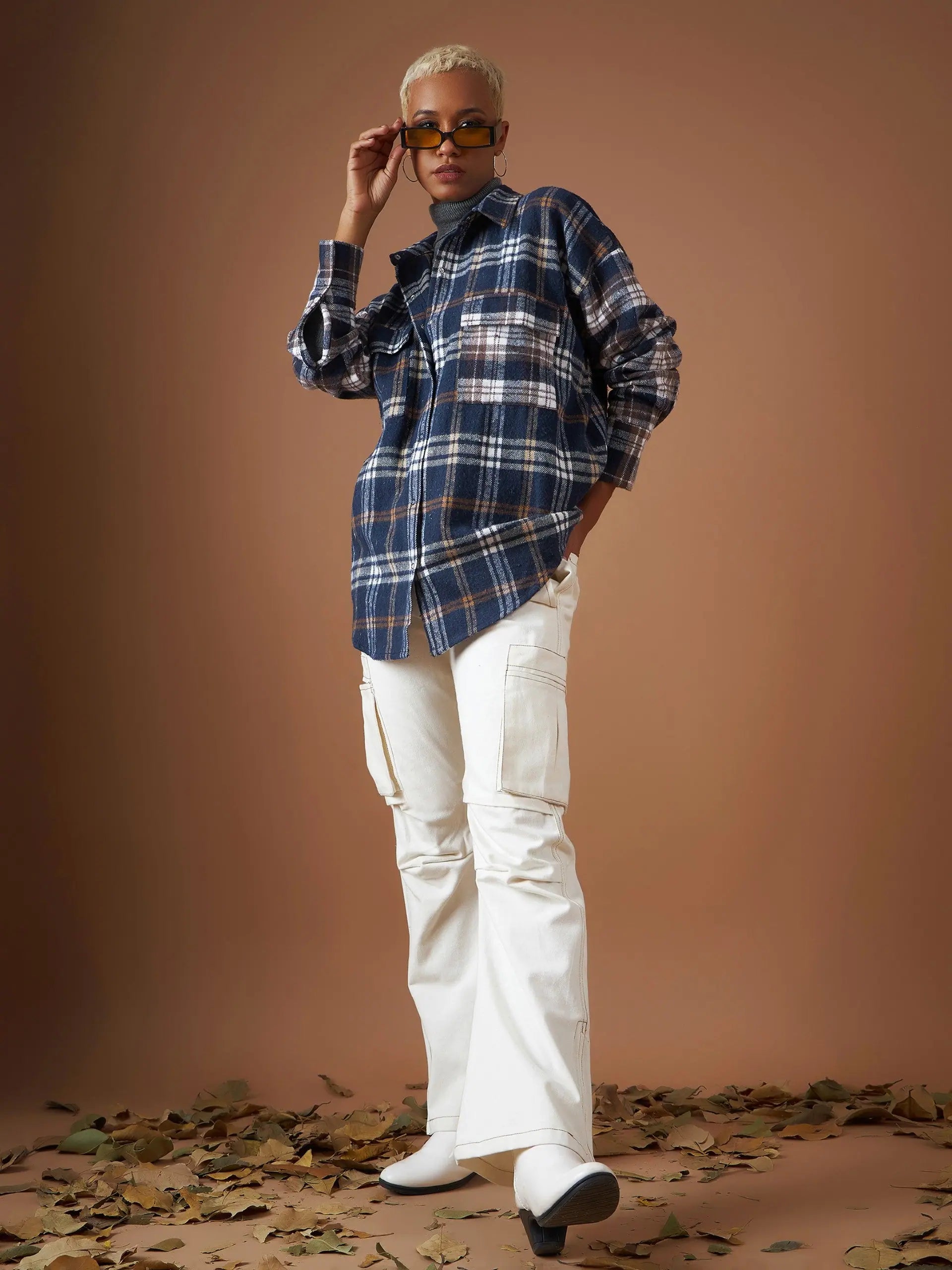 Women Navy Flannel Check Colourblock Oversized Shirt-- Beaded Sequined Faux Fur