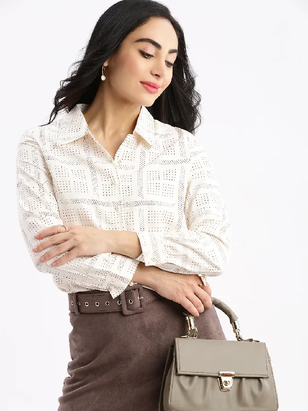 Women Geometric Cream Slim Fit Shirt-21602-Cream-- V-Neck T-Shirt Long Sleeve Cotton Women Geometric Cream Slim Fit Shirt-21602-Cream-- V-Neck T-Shirt Long Sleeve Cotton