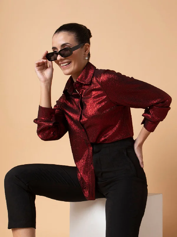 Women Solid Red Slim Fit Shirt-803-Red-- Rayon Velvet Corduroy