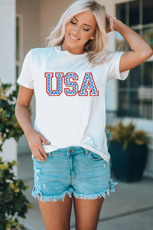 USA Graphic Embroidered Ladies T-Shirt-- Cashmere Blend Cotton Blend Poly Blend