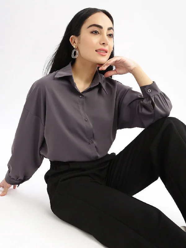 Women Solid Grey Oversized Shirt-CHN-2006-Grey-- Print Jacquard Patchwork