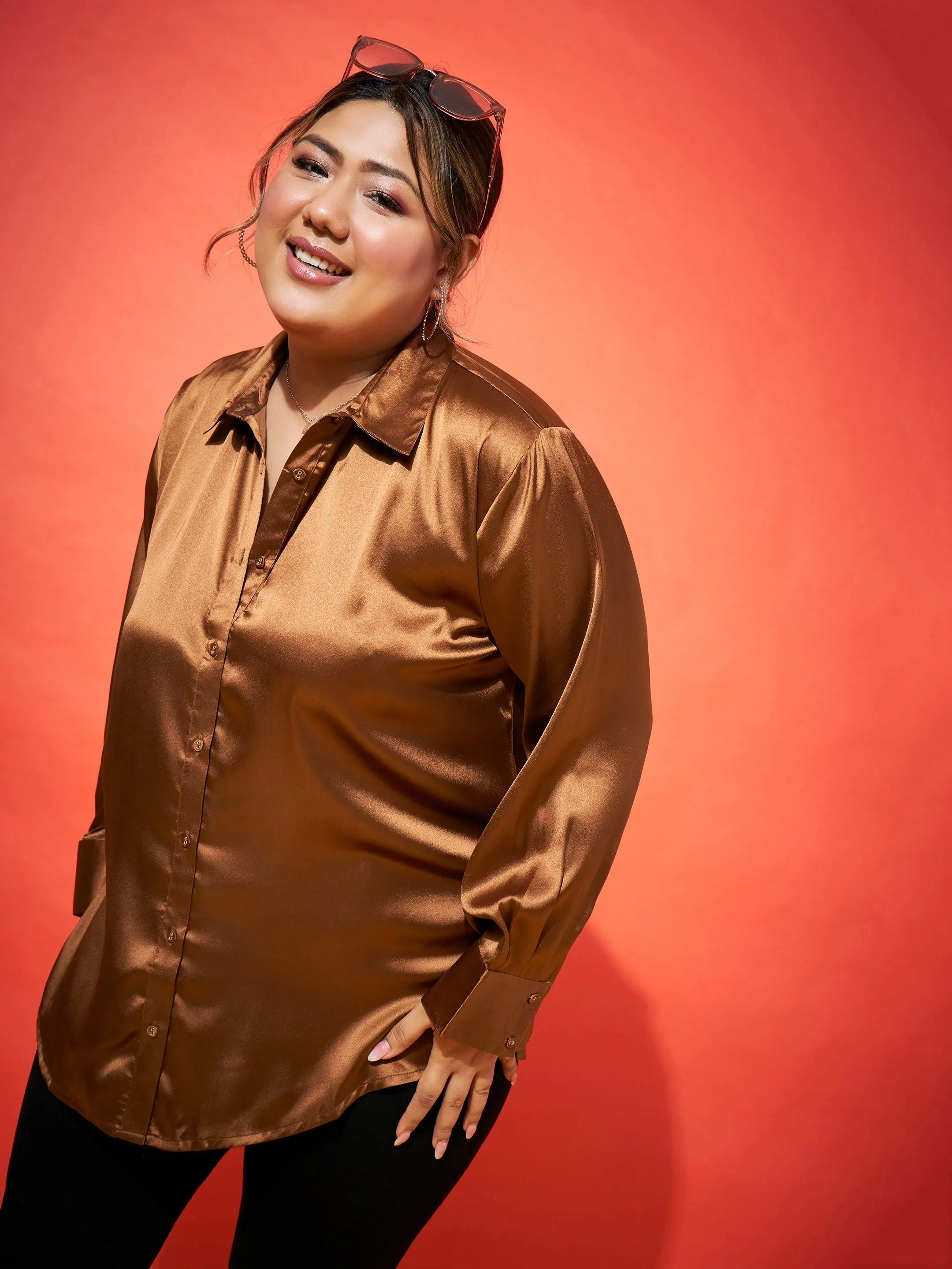 Women Brown Regular Satin Shirt-- Solid Print Embellished