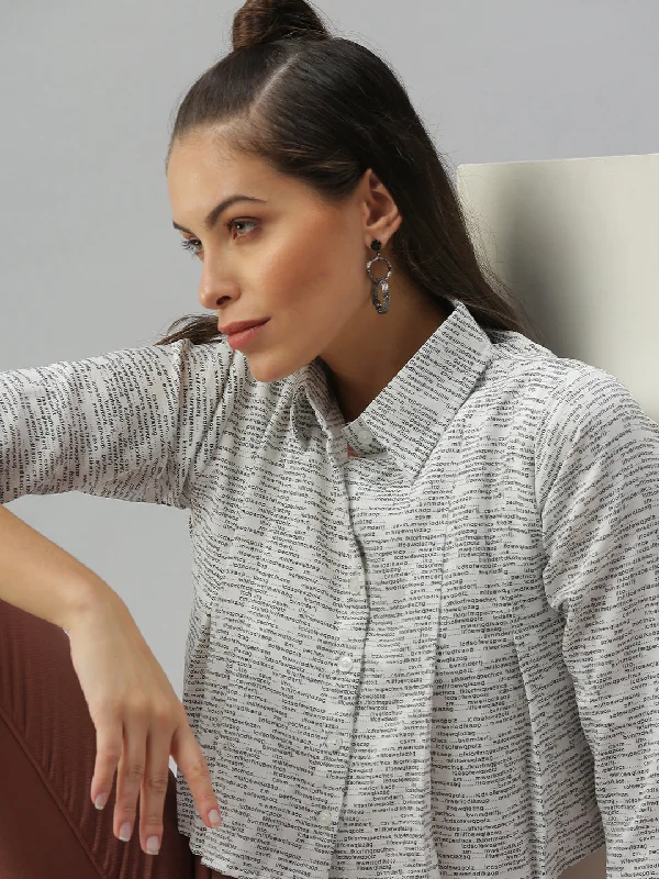 Women Collared Printed White Shirts-AE-7048-Whiteblack-- Machine Wash Dry Clean Hand Wash Women Collared Printed White Shirts-AE-7048-Whiteblack-- Machine Wash Dry Clean Hand Wash