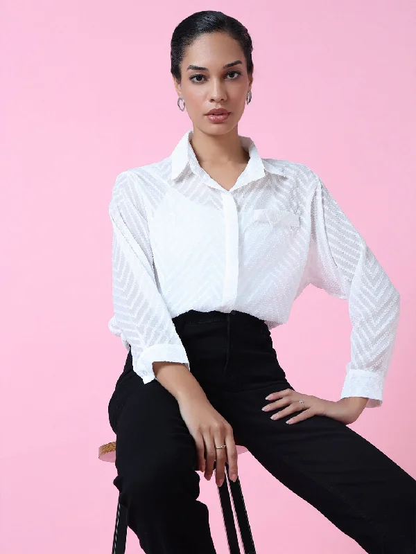 Women White Chevron Slim Fit Shirt-OC-178-White-- Notch Collar Peter Pan Collar Cowl Neck Women White Chevron Slim Fit Shirt-OC-178-White-- Notch Collar Peter Pan Collar Cowl Neck