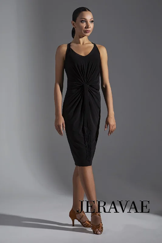 Sleeveless Latin Practice Dress with Gathered Waist Detail, Fringe Sash, and Knee-Length Skirt with Slit in Back Available in Multiple Colors PRA 648 Tunics Bridal satin