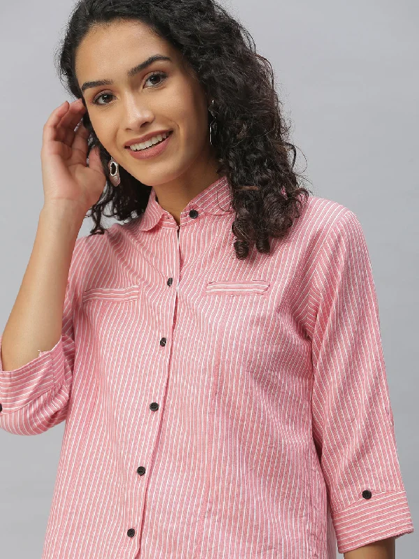 Women Club Collar Striped Pink Shirts-AE-3330105-Pink-- Mesh Canvas Denim